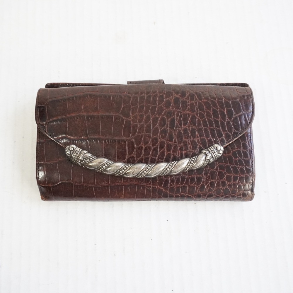 Brighton Brown Crocodile Embossed Leather Clutch Wallet with Ornate Silver Twist